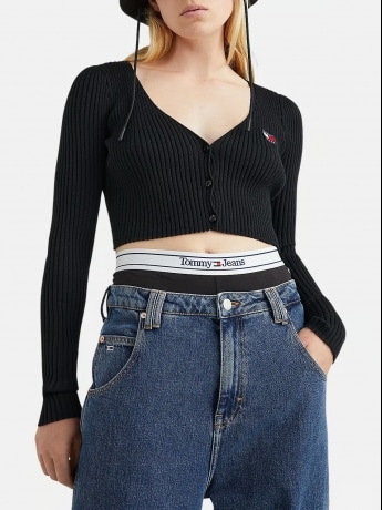 Tommy Hilfiger Cardigan nero corto con scollatura a V e chiusura con bottoni Donna