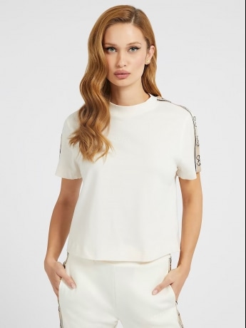 Guess t-shirt bianca con loghi neri su fasce chiare sulle maniche donna