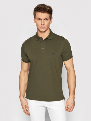 Tommy Hilfiger polo verde bosco uomo in cotone con logo ricamato sul petto