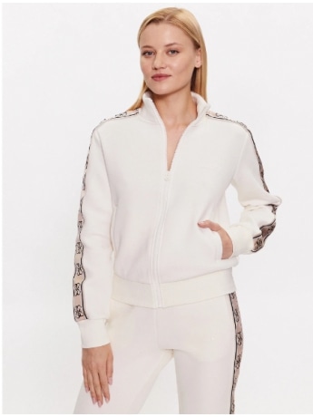 Guess felpa donna bianca in cotone con zip logo verticale beige sul braccio