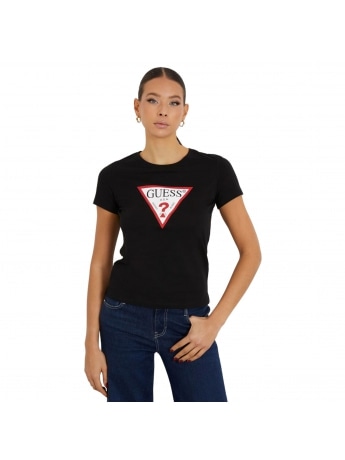 Guess tshirt nera donna in cotone slim fit logo triangolo