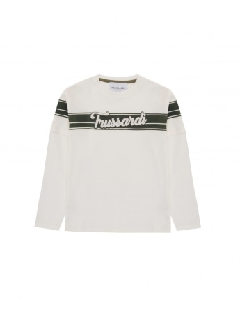 Trussardi tshirt bianca bambino in cotone manica lunga logo verde sul davanti