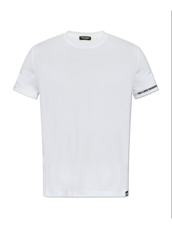 Dsquared2 tshirt bianca uomo in cotone banda elastica con logo sul braccio