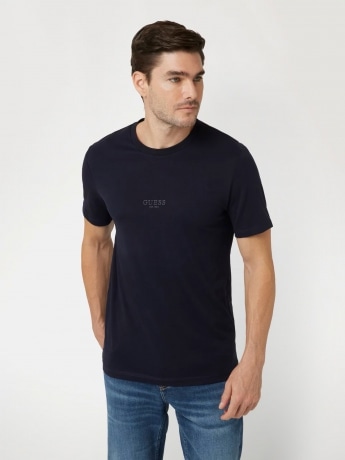 Guess tshirt blu scuro uomo in cotone slim fit logo sul davanti tono su tono