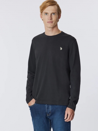 U.s. Polo tshirt nera uomo in cotone manica lunga logo ricamato sul petto