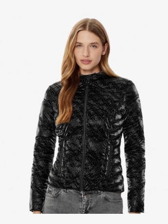 Guess giubbotto nero donna chiusura zip logo all over in rilievo