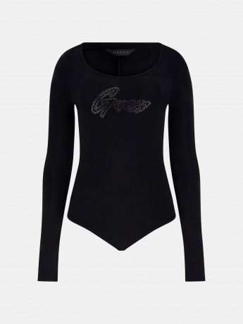 Guess tshirt nera donna body in cotone manica lunga logo con strass sul davanti