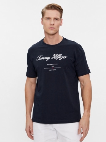 Tommy Hilfiger tshirt blu navy uomo in cotone logo lettering sul davanti