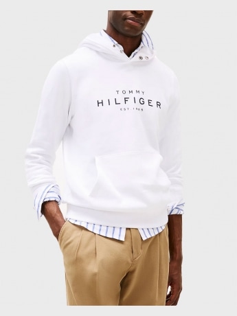 Tommy Hilfiger felpa bianca uomo in cotone con cappuccio logo a contrasto