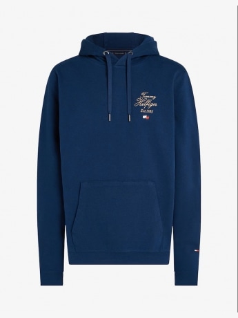 Tommy Hilfiger felpa blu navy uomo in cotone con cappuccio logo ricamato sul petto