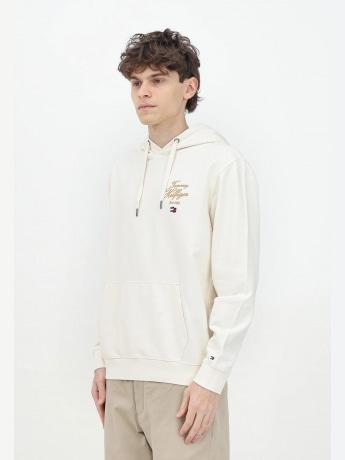Tommy Hilfiger felpa crema uomo in cotone con cappuccio logo ricamato sul petto
