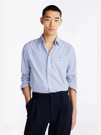 Tommy Hilfiger camicia celeste uomo a righe in cotone micro logo sul petto