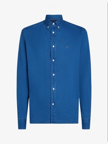 Tommy Hilfiger camicia blu uomo in cotone micro logo sul petto