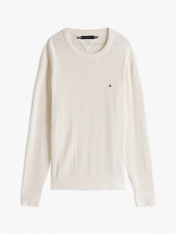 Tommy Hilfiger maglia crema uomo in cotone lavorato micro logo sul petto