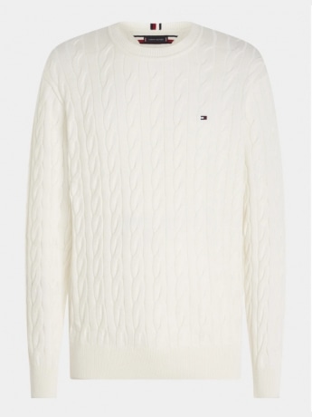 Tommy Hilfiger maglia crema uomo in cotone a treccia micro logo sul petto