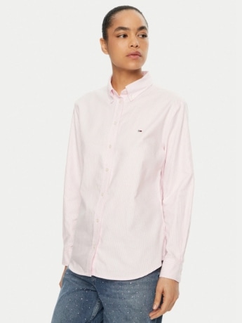 Tommy Jeans camicia rosa donna in cotone a righe micro logo sul petto