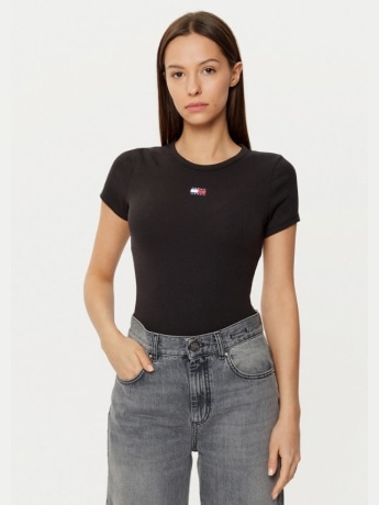 Tommy Jeans tshirt nera donna in cotone slim fit logo sul davanti