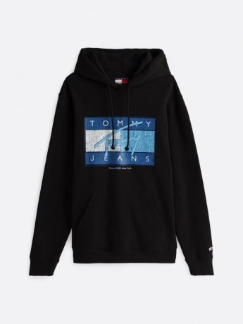 Tommy Jeans felpa nera uomo in cotone con cappuccio logo a contrasto