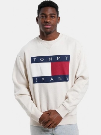 Tommy Jeans felpa ecru uomo in cotone girocollo maxi logo sul davanti