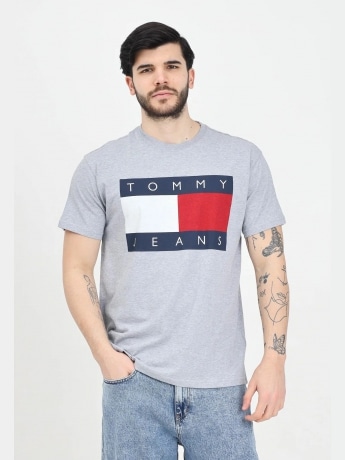 Tommy Jeans tshirt grigia uomo in cotone maxi logo frontale