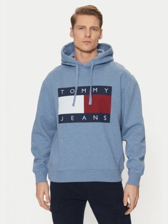 Tommy Jeans felpa celeste uomo in cotone con cappuccio maxi logo sul davanti