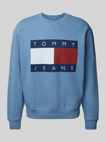Tommy Jeans felpa celeste uomo in cotone girocollo maxi logo sul davanti