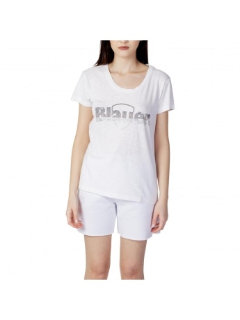 Blauer tshirt bianca donna in cotone logo con strass sul davanti