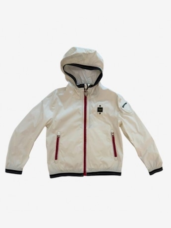 Blauer giubbotto bianco bambino in tessuto leggero con cappuccio patch logo sul braccio