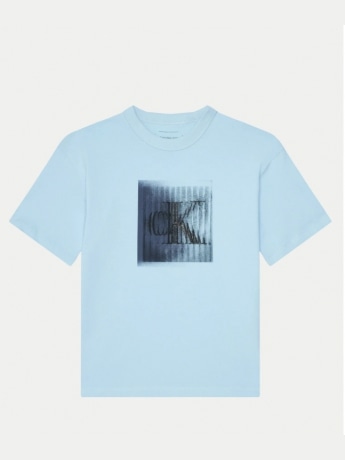 Calvin Klein tshirt celeste bambino in cotone logo multicolor sul davanti