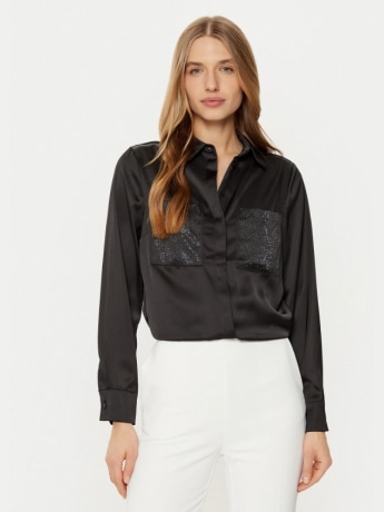 Guess camicia nera donna in misto cotone tasche con logo glitter