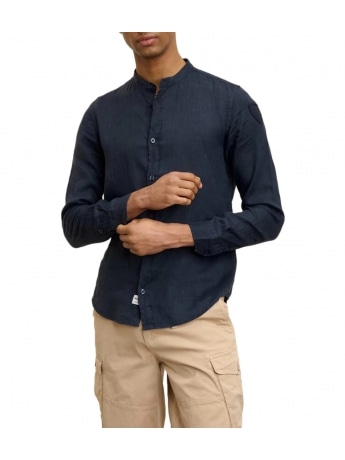 Blauer camicia blu navy uomo in lino patch logo sul braccio