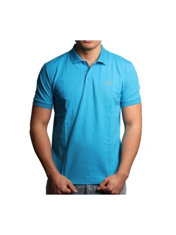 Sun68 polo azzurra uomo in cotone mini logo ricamato sul petto fluo