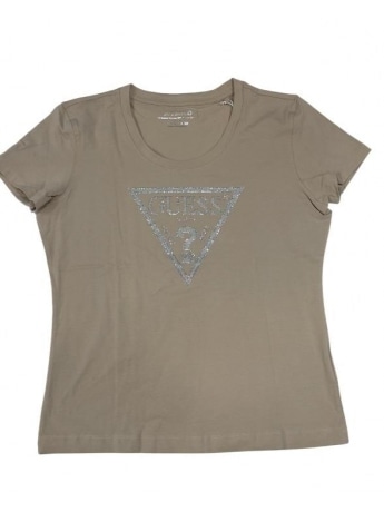 Guess tshirt beige donna in cotone logo sul davanti con strass