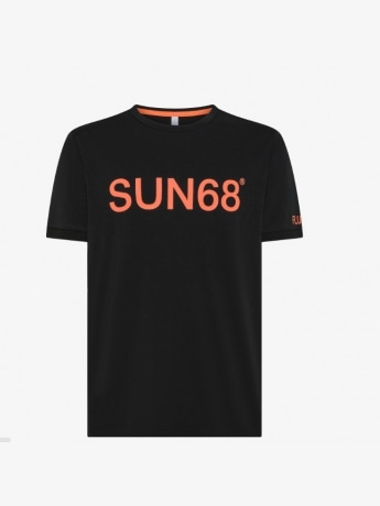 Sun68 tshirt nera uomo in cotone maxi logo sul davanti fluo