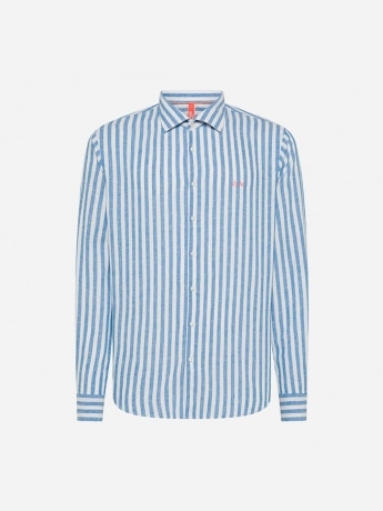 Sun68 camicia azzurra uomo in lino a righe mini logo sul petto