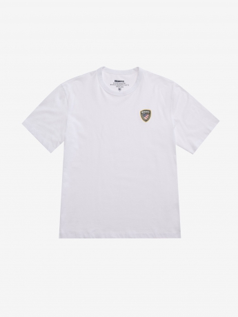 Blauer tshirt bianca uomo in cotone mini logo gommato sul petto