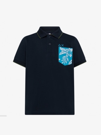 Sun68 polo blu navy bambino in piquet di cotone tasca a fantasia sul davanti