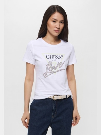 Guess tshirt bianca donna in cotone logo con strass sul davanti