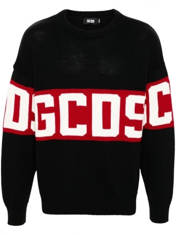 Gcds maglia nera uomo in misto cotone maxi logo a contrasto