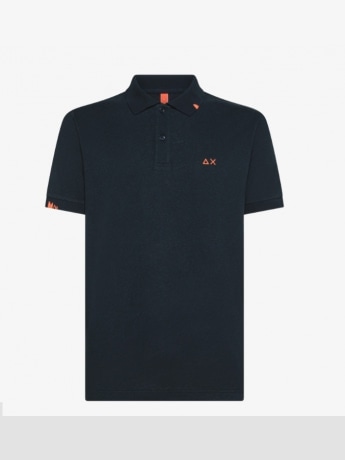 Sun68 polo blu navy uomo in misto lino mini logo sul petto