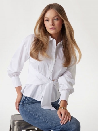 Guess camicia bianca donna in cotone nodo sul davanti