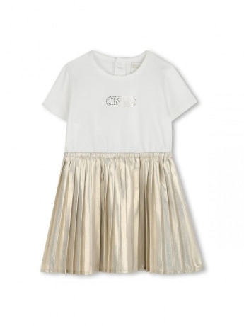 Michael Kors abito bianco bambina in cotone gonna plisse oro logo sul davanti