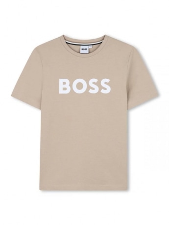 Boss tshirt beige bambino in cotone logo sul davanti a contrasto