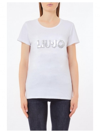 Liujo tshirt bianca donna in cotone logo sul davanti con strass