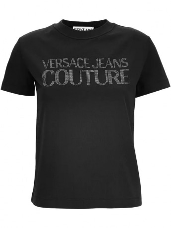 Versace Jeans Couture tshirt nera donna in cotone logo con strass sul davanti
