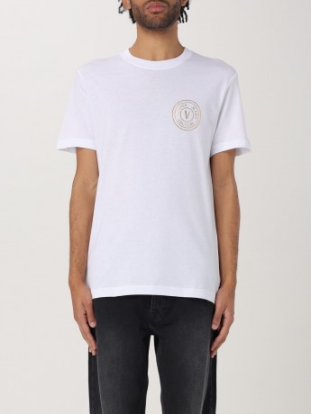 Versace Jeans Couture tshirt bianca uomo in cotone mini logo in lamina oro sul petto