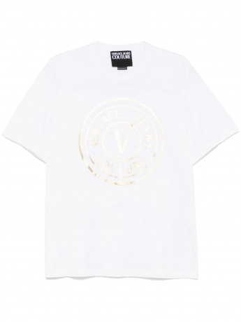 Versace Jeans Couture tshirt bianca uomo in cotone maxi logo in lamina oro
