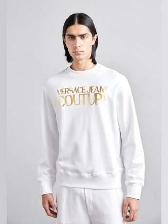Versace Jeans Couture felpa bianca uomo in cotone girocollo logo in lamina oro