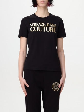 Versace Jeans Couture tshirt nera donna in cotone logo in lamina oro sul davanti