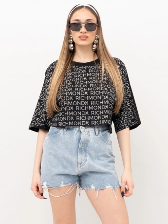 Richmond tshirt nera donna in cotone crop logo all over con strass